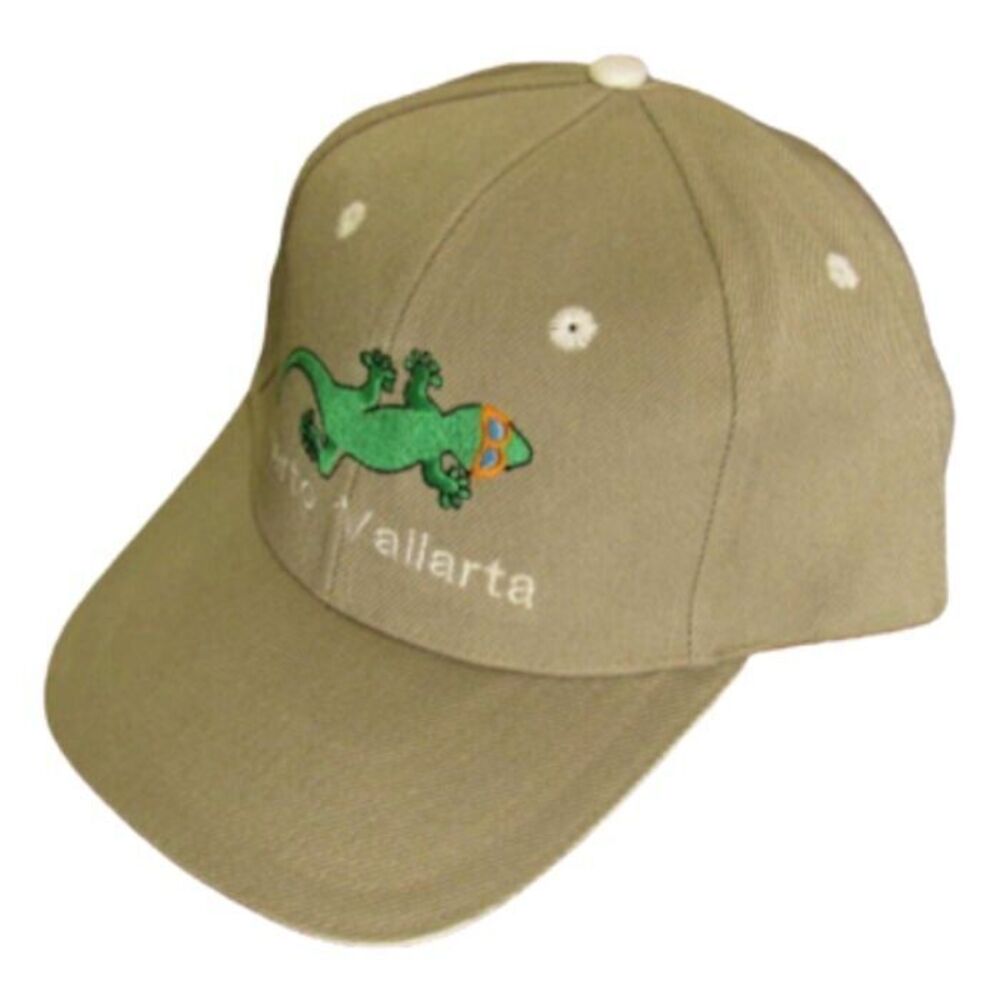 Puerto Vallarta Baseball Cap NEW Beige Cotton Green Embroidered Gecko Hat - Picture 3 of 6